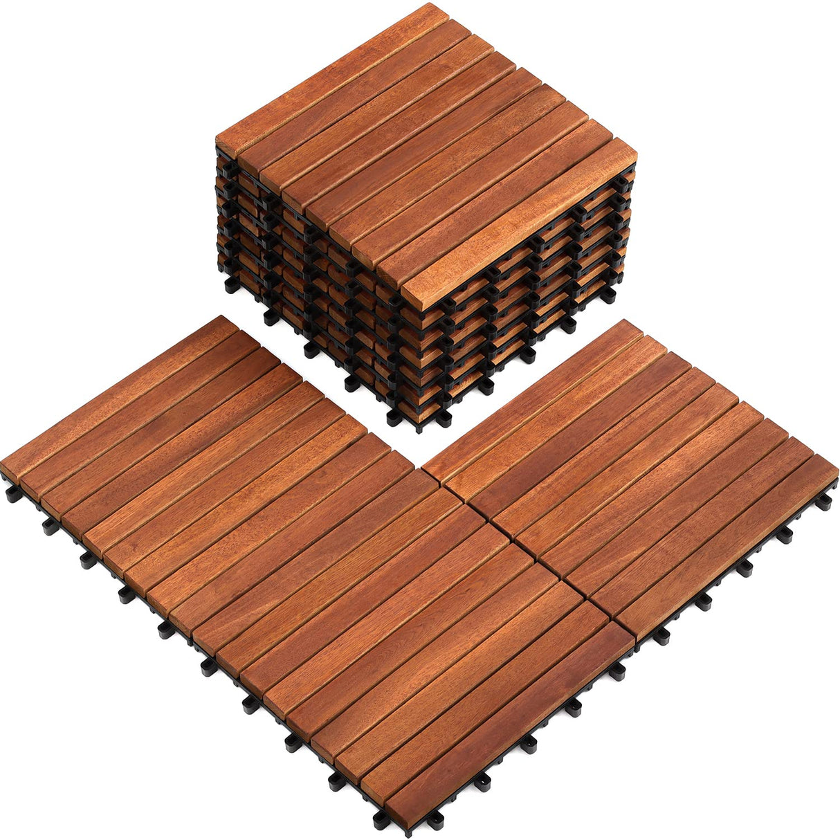 Solid Wood Interlocking Flooring Tiles (Pack of 10, 12" x 12"), Acacia Deck Tiles, Floor Tiles for Both Indoor and Outdoor Use, Waterproof All Weather, 9 Slat (12 x 12, 9 Slat) HOUSE84VN