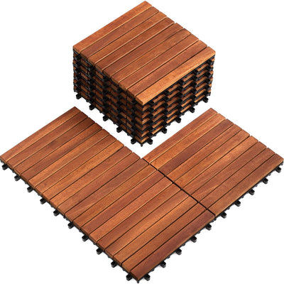 Solid Wood Interlocking Flooring Tiles (Pack of 10, 12" x 12"), Acacia Deck Tiles, Floor Tiles for Both Indoor and Outdoor Use, Waterproof All Weather, 9 Slat (12 x 12, 9 Slat)