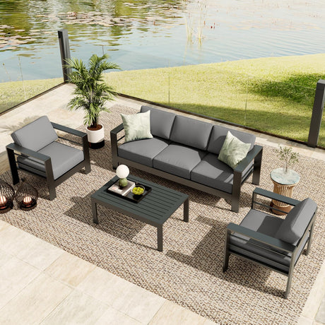 5 Seats Aluminum Patio Furniture Set, 4 PCS Outdoor Sectional Conversation Set with 4" Wide Armrest, Backyard Sectional Sofa Set with Coffee Table & Thick Cushions, Grey GAOMON