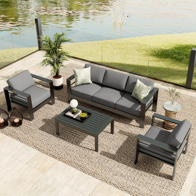 5 Seats Aluminum Patio Furniture Set, 4 PCS Outdoor Sectional Conversation Set with 4" Wide Armrest, Backyard Sectional Sofa Set with Coffee Table & Thick Cushions, Grey