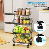 Simple Trending 4 Tier Rolling Cart, Stackable Fruit Vegetable Basket with Wheels and 2 Hanging Basket, Kitchen Storage Metal Wire Basket Stand for Vegetable Bread Snacks, Black Simple Trending