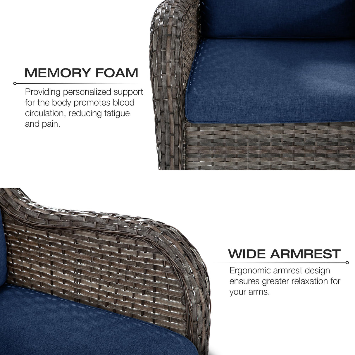 Joyside 5 Piece Outdoor Patio Furniture Set Wicker Conversation Bistro Set Swivel Rocking Chairs with Side Table and Ottomans for Backyard, Porch, Deck(Mixed Grey/Blue) Joyside