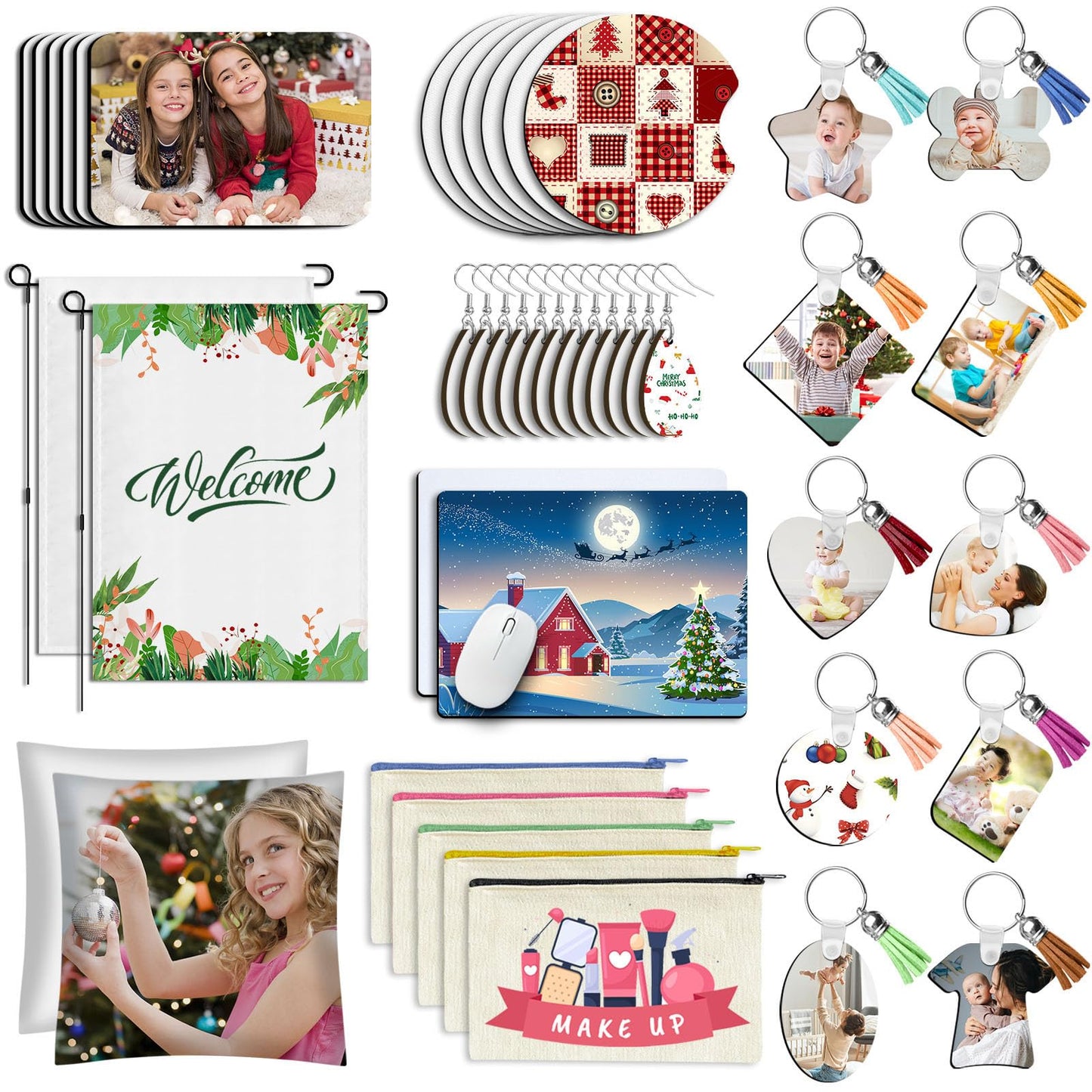 Deekypol 99Pcs Sublimation Blanks Products, Sublimation Starter Kits Including Blank Fridge Magnet, Garden Flag, Keychain Earring Mouse Pad Blank Sublimation Kits for Beginners Heat Transfer Craft