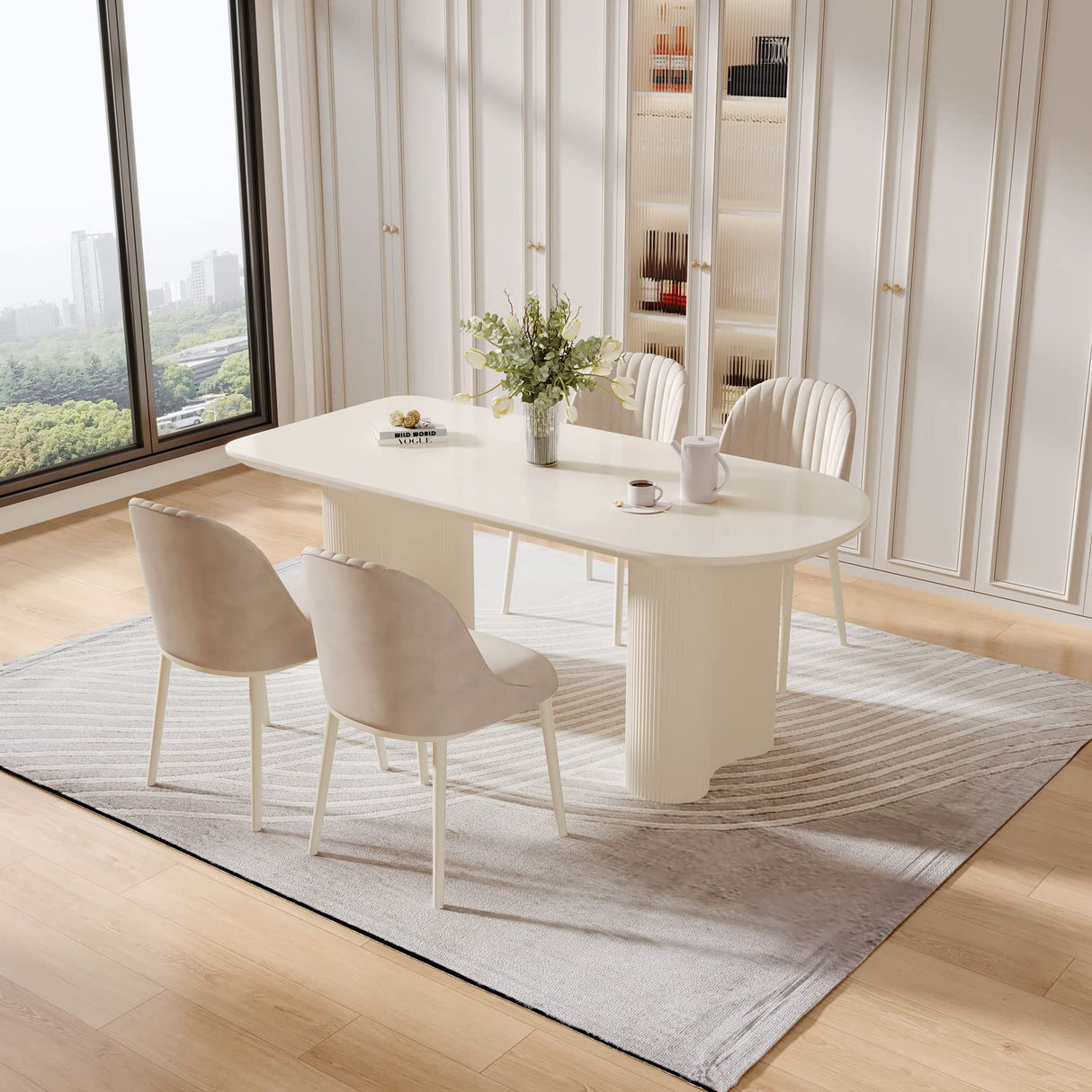 Miuuod 55.1" L Cream White Dining Table with 4 Chairs Space Saving for Small Apartment for 4-6 People Mid-Century Sturdy End Table Leisure Coffee Table Office Living Room Table Set Solid Desk Miuuod