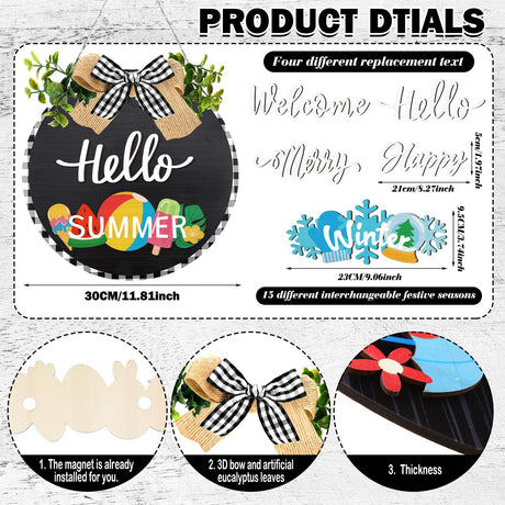 Yuntau 20 Pcs Seasonal Front Door Sign for All Seasons Hanging Interchangeable Welcome Sign, Rustic Round Wood Wreaths Wall Hanging Outdoor Indoor Farmhouse Front Door Home Decor for Christmas(Black) Yuntau