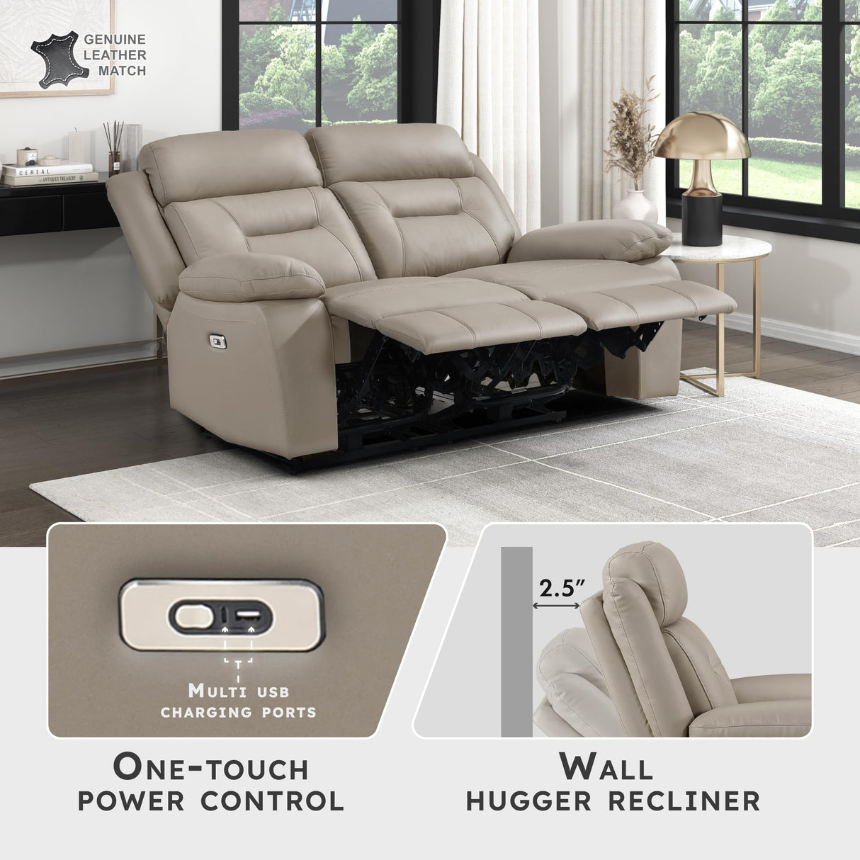 Lexicon Power Double Recliner Loveseat, Top Grain Leather Match Reclining Loveseat with Pillow Top Armrests, Home Theater Seating, Wall Hugger Recliner Love Seat with USB Port, 62.5" W, Latte Lexicon