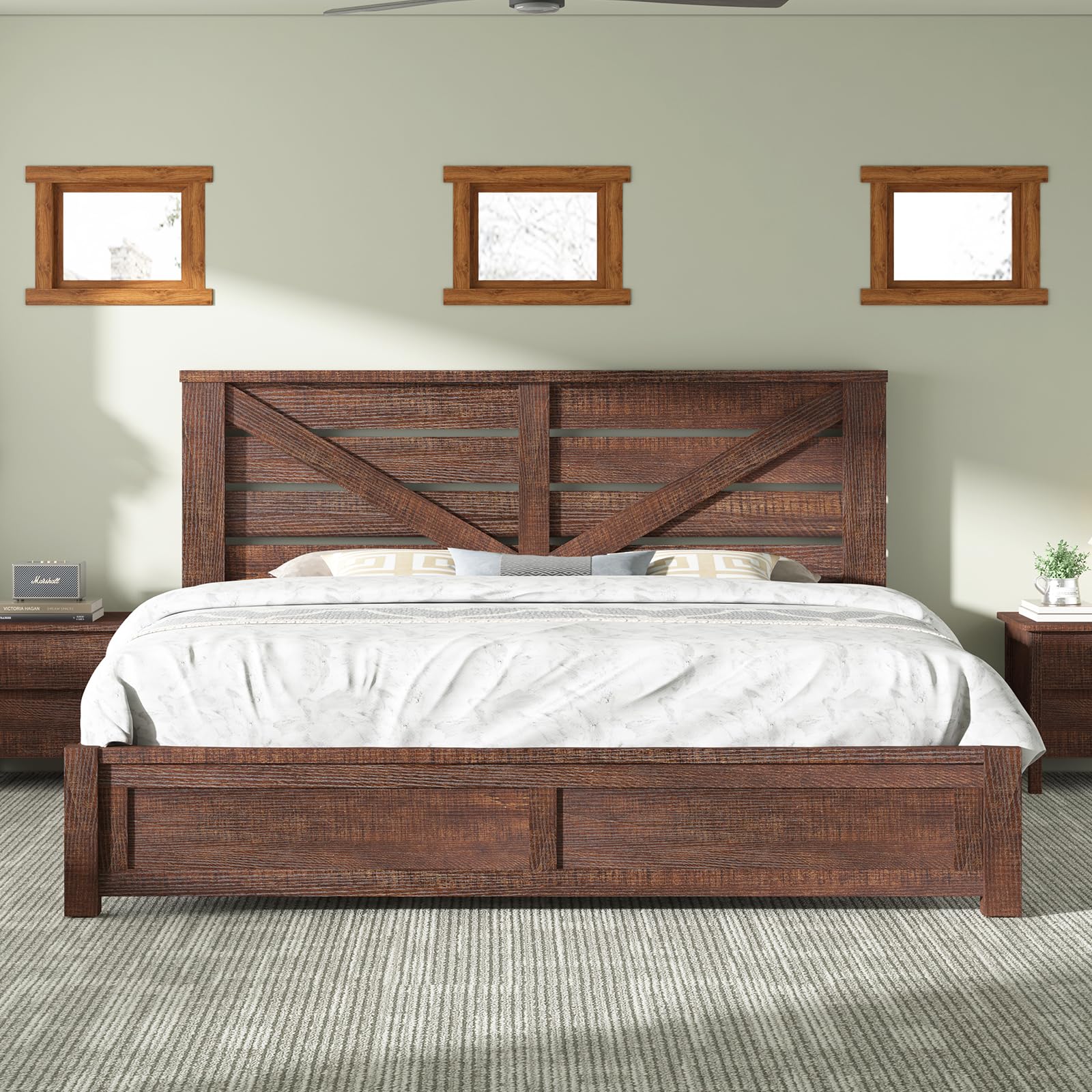 AMERLIFE King Size Farmhouse Bed Frame with Barn Door Headboard and Under Bed Storage - WoodArtSupply