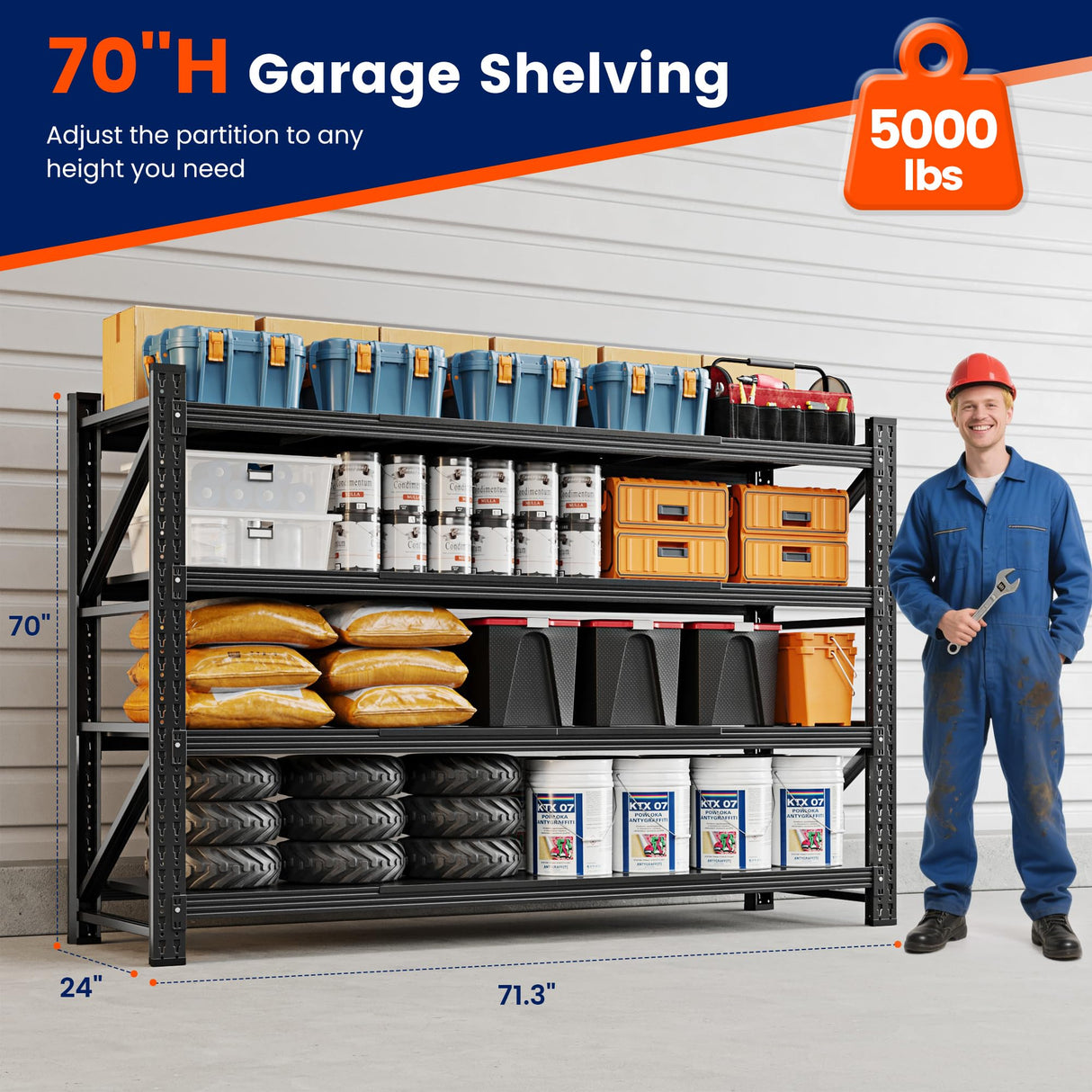 Yizosh Storage Shelves, 5000LBS Garage Shelving Unit, Metal Shelving Adjustable Storage Shelves Heavy Duty, Suitable for Garage, Supermarket, Warehouse, 71" W x 24" D x 70" H Yizosh