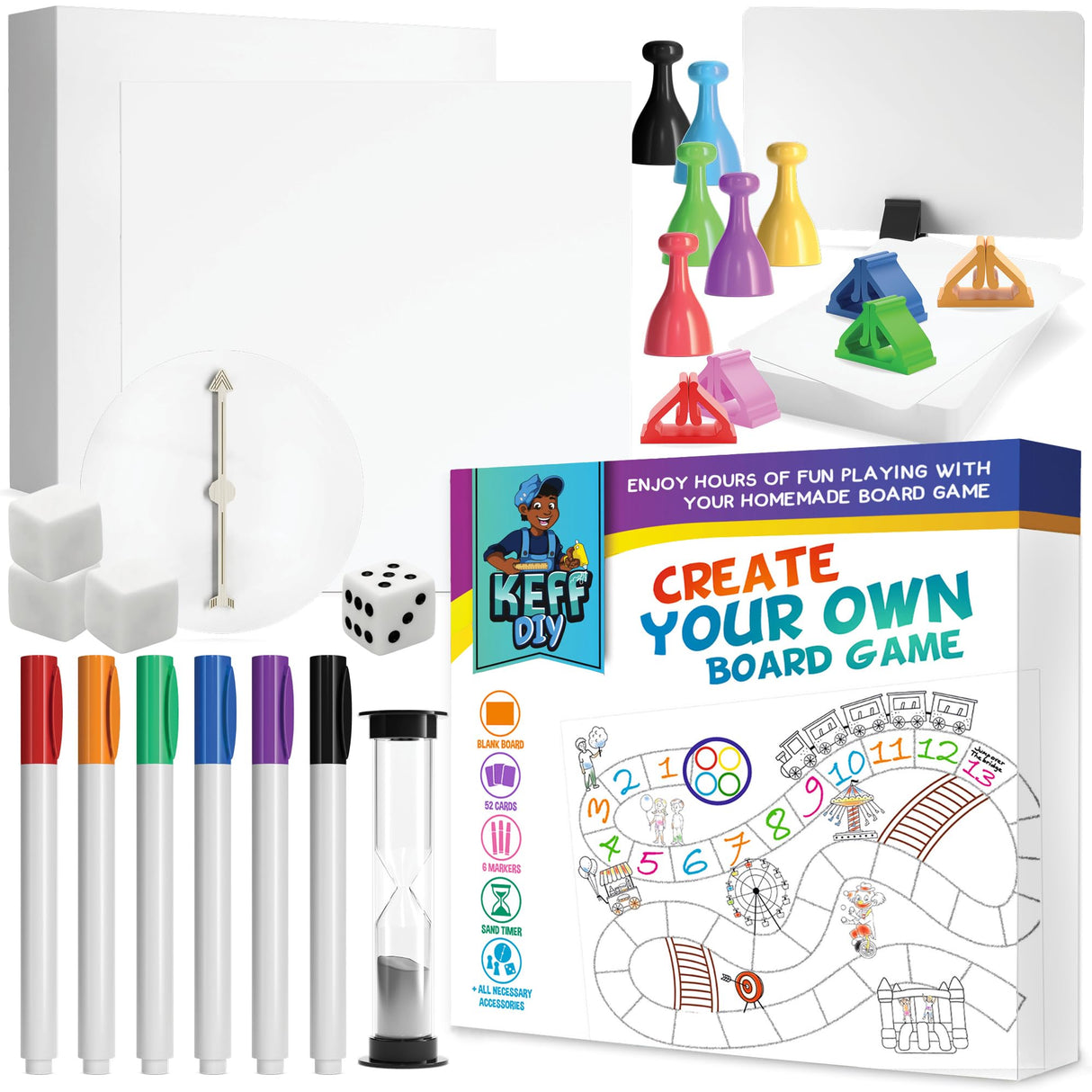 KEFF Make Your Own Board Game Set - DIY Blank Game Board Kit with Game Pieces, Blank Cards, Dice, Spinner, Pawns & More - Fun Family Board Games for Kids & Adults KEFF
