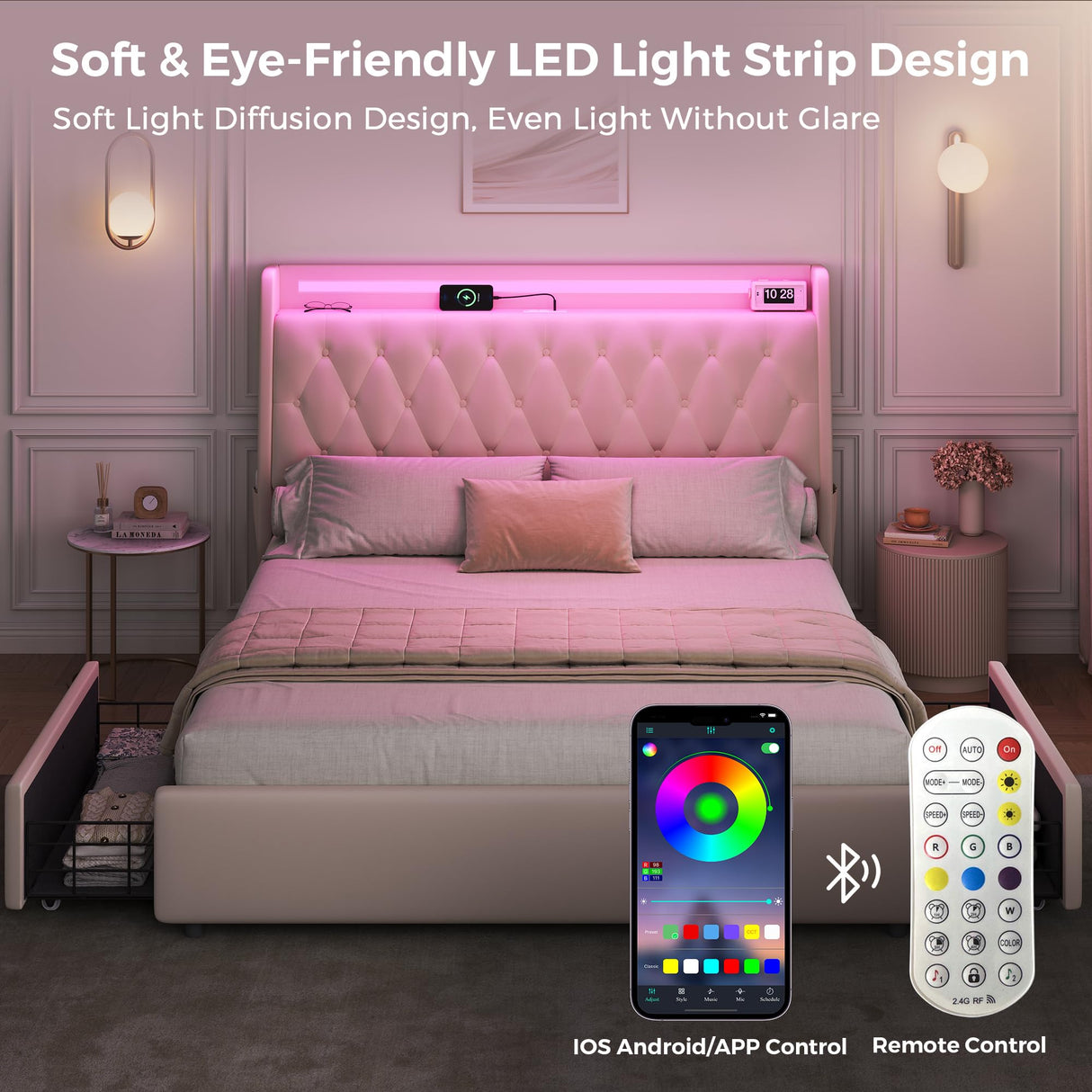 Queen LED Velvet Bed Frame with 2 Storage Drawers&Hidden Headboard, Upholstered Platform Bed with Charging Station&Button Tufted Design, Wooden Slats Support, Box Spring Optional, Easy Assembly, Beige Jocoevol