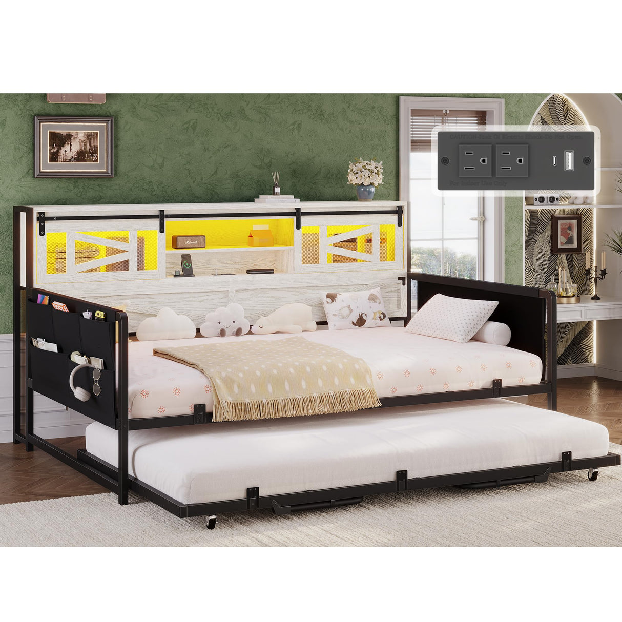 Dnxao Daybed with Trundle,Farmhouse Twin Bed Frame with 2-Tier Storage Shelves,LED Lights and Charging Station,Twin Sofa Daybed for Living Room,Bedroom and Guest Room,White Dnxao