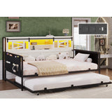 Dnxao Daybed with Trundle,Farmhouse Twin Bed Frame with 2-Tier Storage Shelves,LED Lights and Charging Station,Twin Sofa Daybed for Living Room,Bedroom and Guest Room,White Dnxao