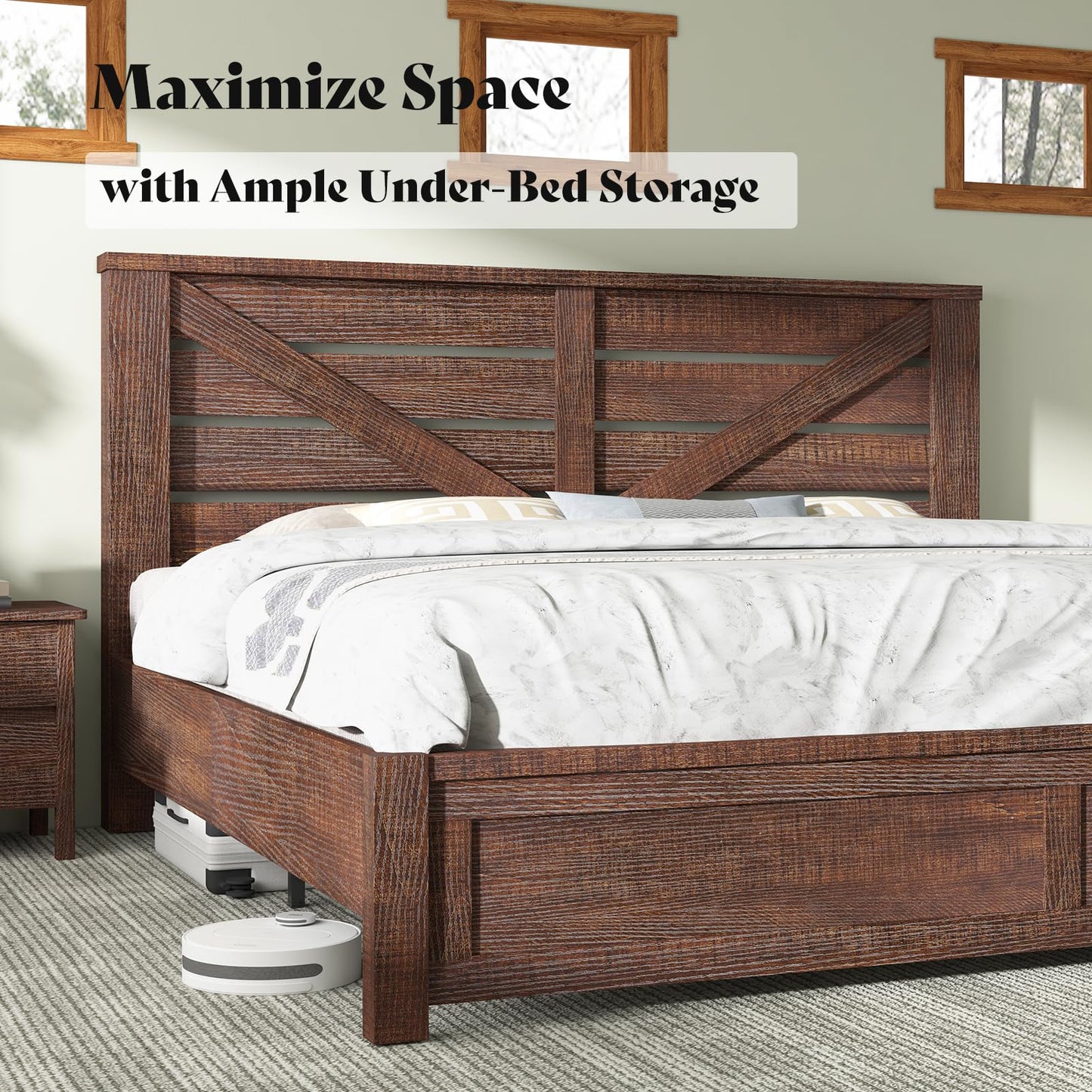 AMERLIFE King Size Farmhouse Bed Frame with Barn Door Headboard and Under Bed Storage - WoodArtSupply