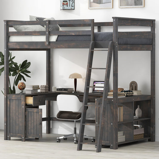 Harper & Bright Designs Antique Brown Full Size Loft Bed with U-Shaped Desk and Ample Storage - WoodArtSupply