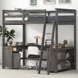 MiHunnor Antique Brown Full Size Loft Bed with U-Shaped Desk and Storage Solutions MiHunnor