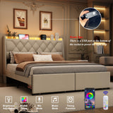 Full Size Bed Frame with Storage Headboard and 2 Drawers, Upholstered Button Tufted Bed Frames Full with Led Lights and Handy Charging Station, No Box Spring Needed, Easy Assembly, Noise Free, Beige TIGUBFRE