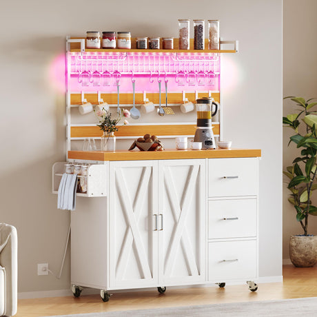 DWVO Farmhouse Bakers Rack with Power Outlet and LED Light, 53 inch Coffee Bar Cabinet Station with Storage, Microwave Stand on Wheels, with Wine Racks, Shelves, Goblet Holder and 14-S Hooks (White) DWVO