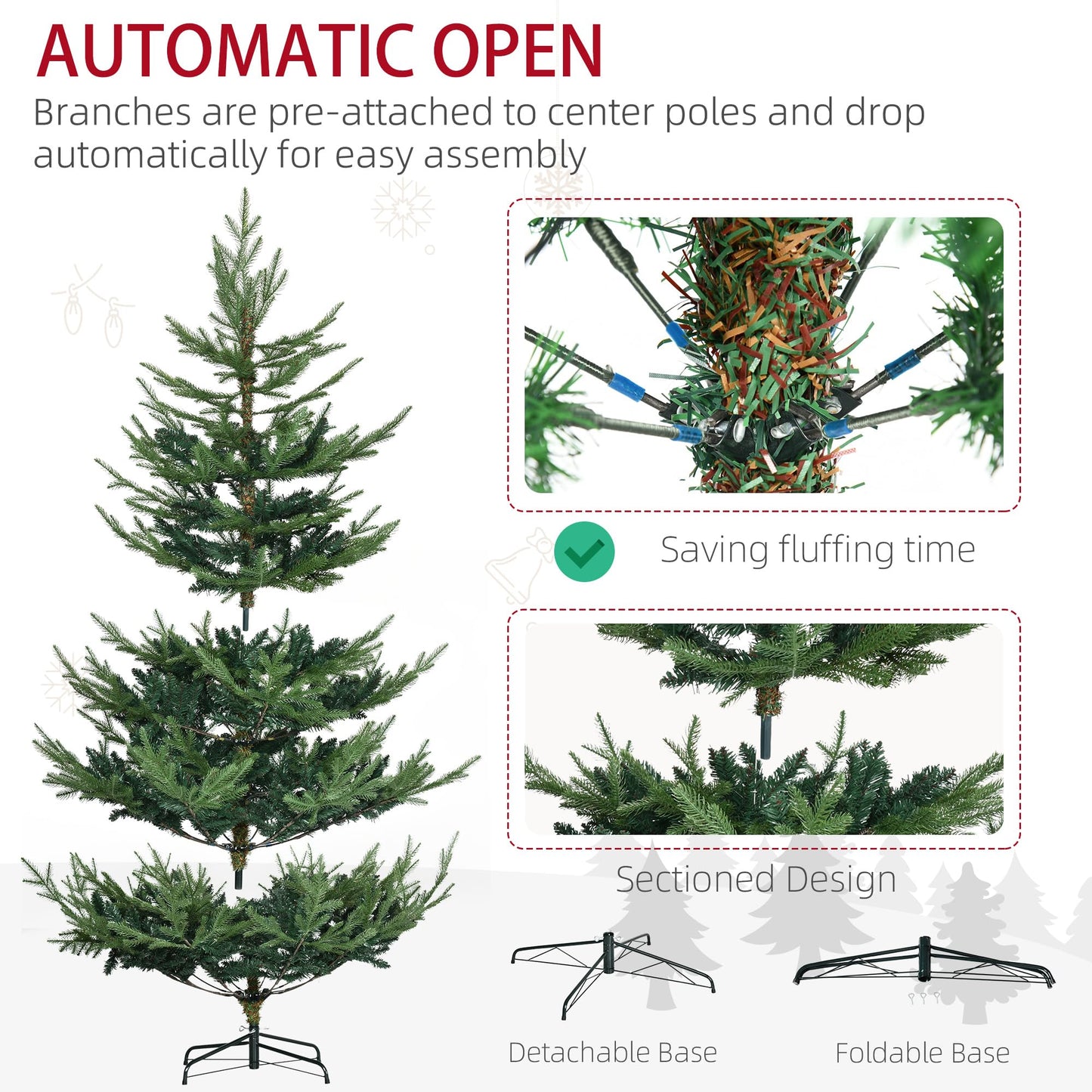 HOMCOM 6 Foot Artificial Christmas Tree, Pine Hinged Xmas Tree with 795 Realistic Branches, Steel Base, Auto Open, Green