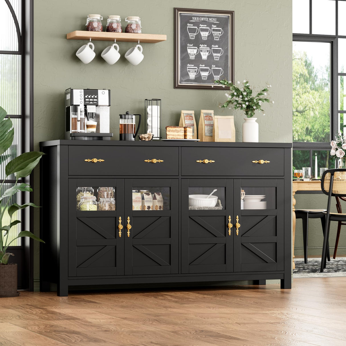 finetones Buffet Cabinet with Storage, 55.1" Large Sideboard Buffet Cabinet, Farmhouse Sideboard Kitchen Cabinet with 2 Drawers and 4 Doors, Wood Coffee Bar Cabinet Buffet Table for Kitchen, Black finetones