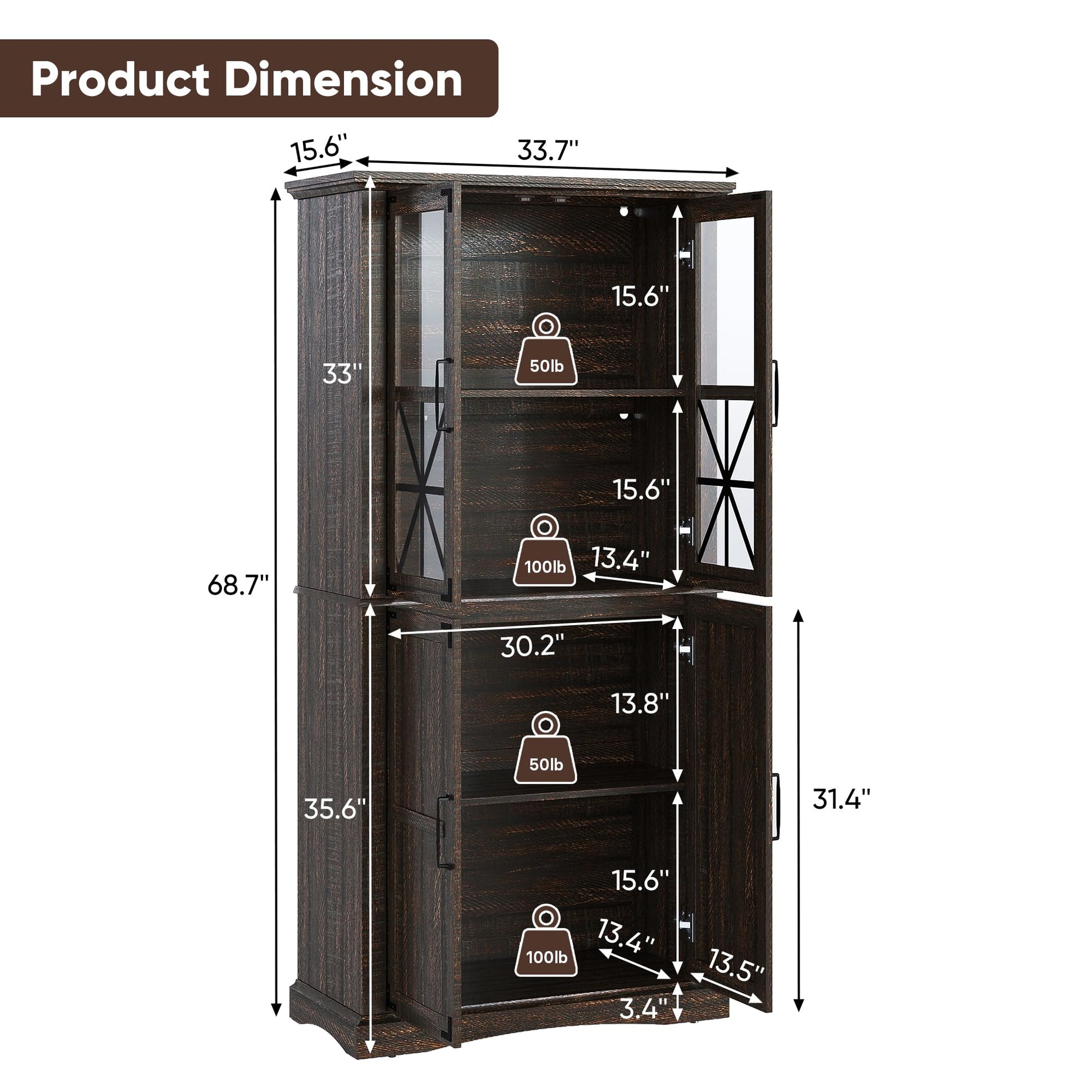 RoyalCraft 69'' Tall Farmhouse Storage Cabinet, Retro Display Cabinet with RGB Lights, Freestanding Kitchen Pantry Cabinet, Living Room, Home Office, Brown - WoodArtSupply