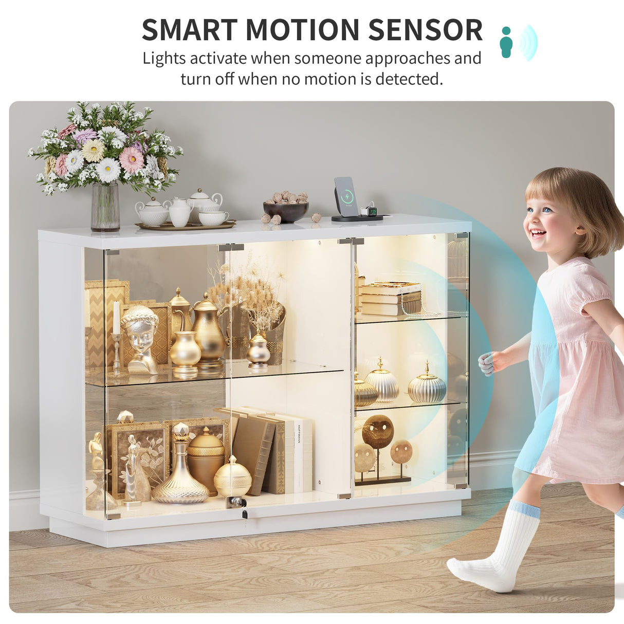 HNEBC Lockable Display Curio Cabinet with Glass Door,47.2" W Glass Display Cabinet with 3 Color Lights for Collectibles,5-Tier Lighted Display Case with Human Sensor,Living Room,White HNEBC