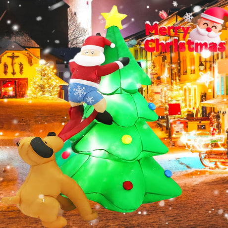 PIPIMOUSE 6FT Christmas Inflatables Tree Outdoor Decoration with LED Lights, Santa Claus Chased by Dog Inflatable Christmas Tree Blow Up Yard Decoration for Patio Lawn Garden Xmas Party Decor PIPIMOUSE