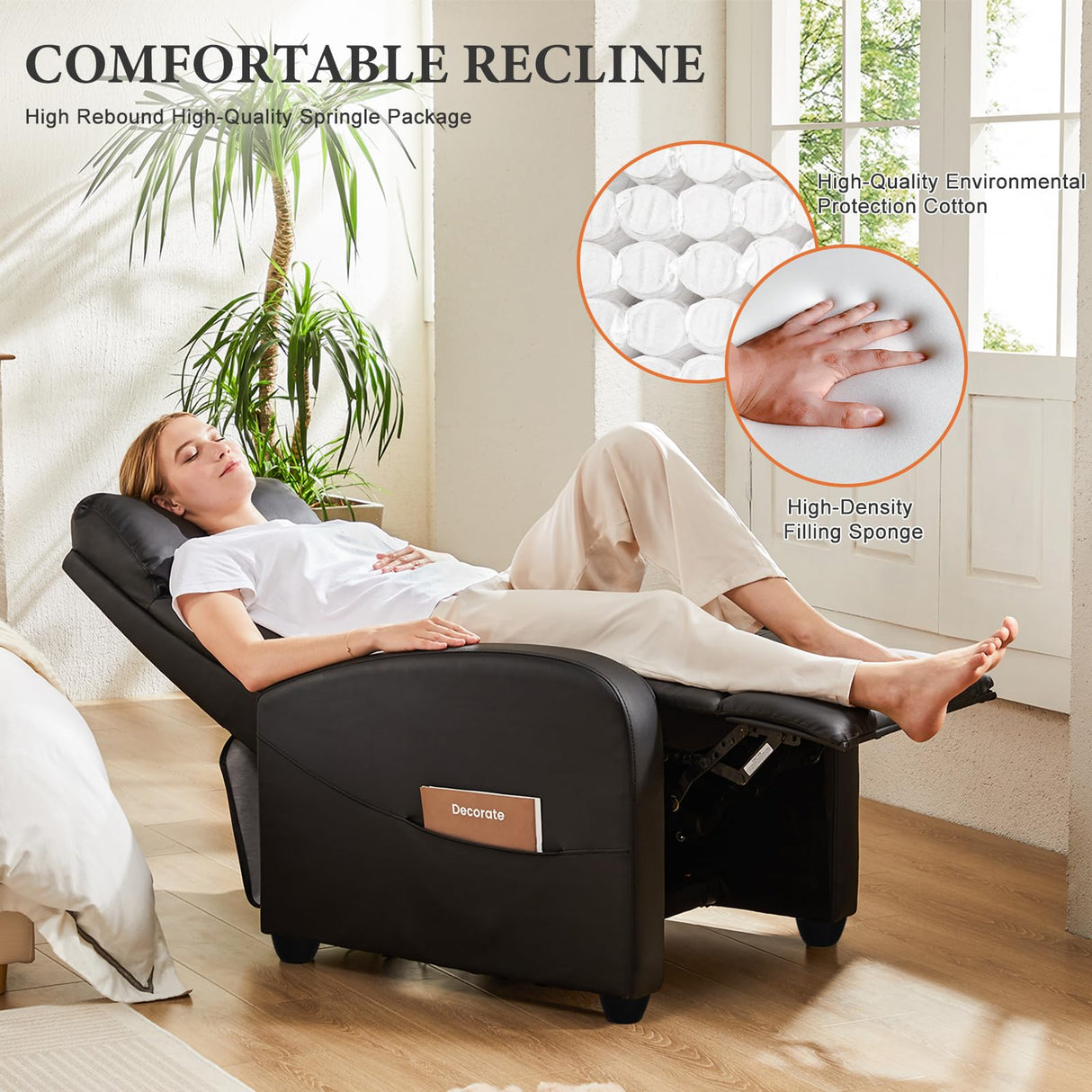 Sweetcrispy Massage Recliner Chair for Adults, Adjustable Home Theater Seating with Lumbar Support, Modern Fabric Reclining with Padded Backrest and Seat, Compact Sofa Chairs for Living Room, Black Sweetcrispy