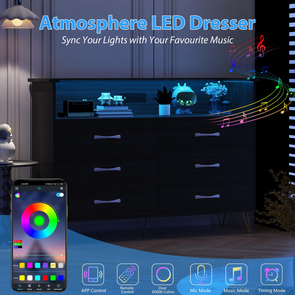 Jojoka 6 Drawer Black Dresser with LED Light for Bedroom, Wooden Dressers with Charging Station, Large Double Dresser with Wide Drawers, Modern Chests of Drawers for Living Room, Hallway, TV Stand Jojoka