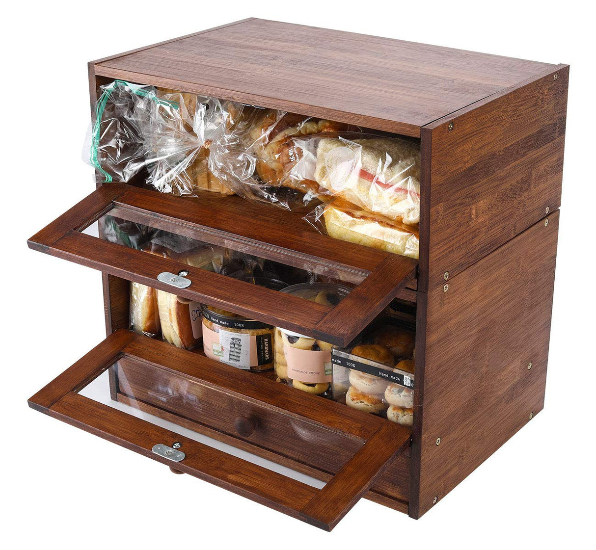 IZLIF Bread Box for Kitchen Countertop Removable 2 Shelf Natural Bamboo Bread Storage Container Bread Keeper with Clear Windows and Utensil Flatware Holder,Brown IZLIF