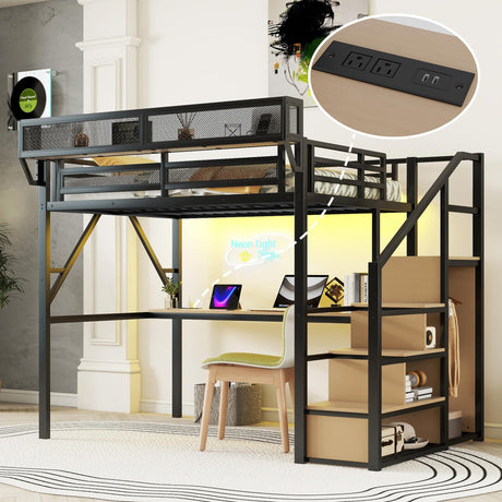 Full Loft Bed with Desk and RGB Light, Metal Loft Bed Frame with Stairs and Bedside Shelf, Heavy-Duty Lofts Beds with Storage Shelves and Wardrobe for Kids Teens, Black Mirightone