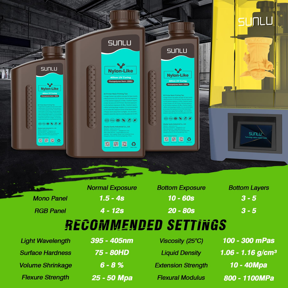 SUNLU 3D Printer Resin, Strong Durable Nylon Like 3D Resin for LCD DLP SLA Resin 3D Printers, 395-405nm UV Light Curing 3D Printing Liquid Photopolymer Resin, Good for Functional Parts, 2000g, Black SUNLU