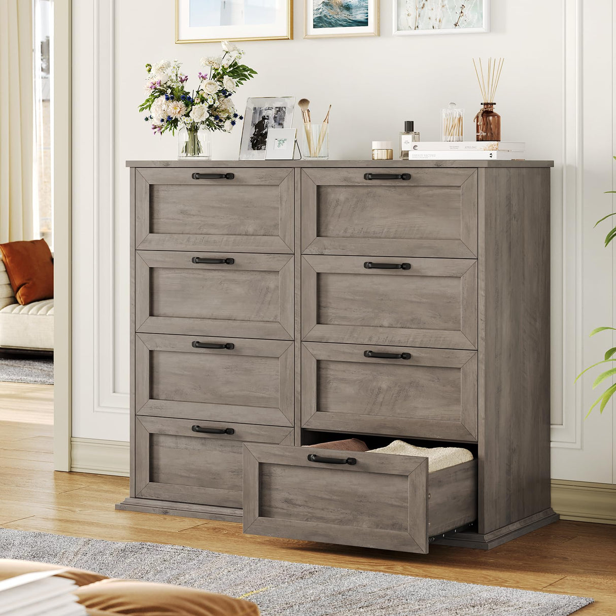 BOTLOG Dresser for Bedroom Wooden, Farmhouse Grey Wood Dresser with 8 Drawers, Chest of Drawers for Bedroom Large Capacity Closet Dresser, Hallway, Entryway, Ash Grey BOTLOG