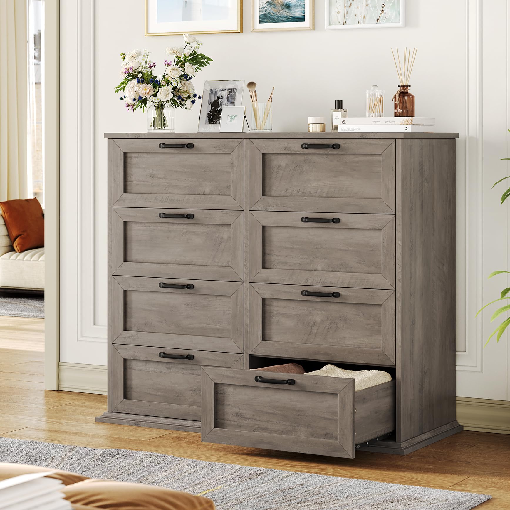 BOTLOG Dresser for Bedroom Wooden, Farmhouse Grey Wood Dresser with 8 Drawers, Chest of Drawers for Bedroom Large Capacity Closet Dresser, Hallway, Entryway, Ash Grey - WoodArtSupply