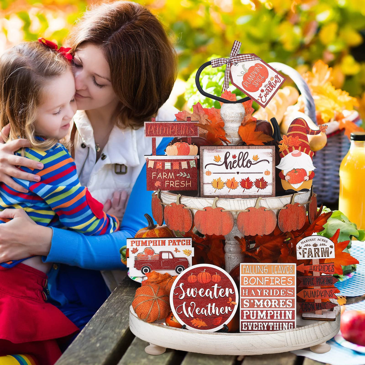 Amyhill 13 Pcs Fall Thanksgiving Tiered Tray Decor Set Pumpkin Maple Gnome Wooden Signs Hello Fall Table Centerpieces Farmhouse Tabletop Decorations for Home Autumn Harvest Shelf Table Amyhill