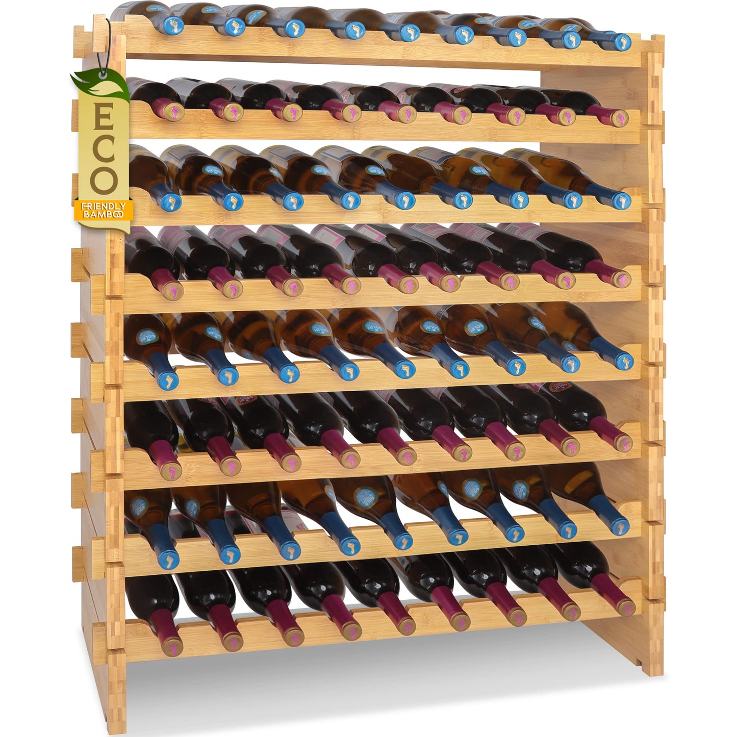 SereneLife Bamboo Stackable Wine Rack, 8-Tier 72 Bottle Capacity Wine Racks Free Standing Floor, No Tools Assembly, Modular Storage Display Shelf for - WoodArtSupply