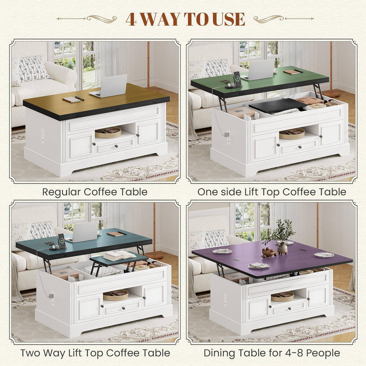 Itaar Farmhouse Lift Top Coffee Table with Power Outlets, Multi-Function Coffee Tables with Storage and Hidden Compartment,Converts to Dining Table for Living Room, Home Office, Black Top Itaar