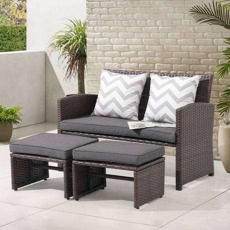 OC Orange-Casual Outdoor Loveseat 3 Piece Patio Furniture Set Outdoor Conversation Set All-Weather Wicker Love Seat with Ottoman/Side Table, Brown Rattan, Dark Grey OC Orange-Casual