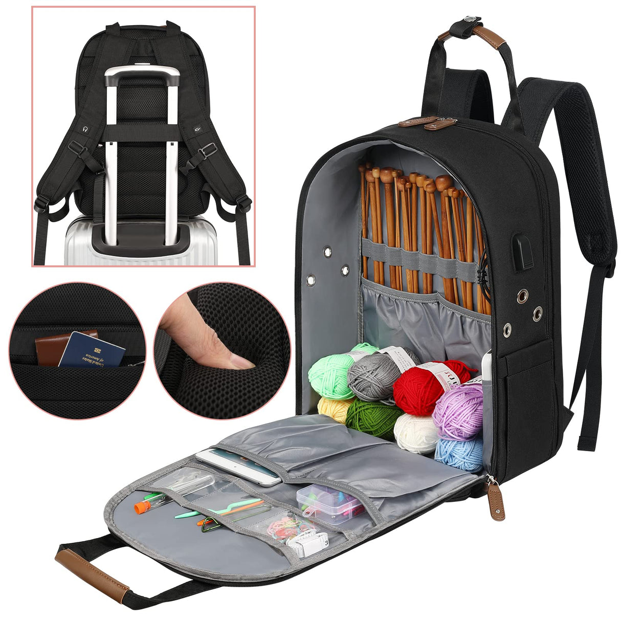 Crochet Bag Backpack,Knitting Bag Backpack and Totes Organizer with USB Charging Port, Large Yarn Storage Tote Bag Yarn Holder Case for Knitting Needles, Crochet Hooks,fits 15.6 inch Laptop,Black SINVICKO