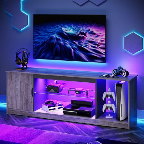 Bestier LED TV Stand for PS5,Modern Gaming Entertainment Center with Cabinet for 60/65 Inch TV, TV Console with Adjustable Glass Shelf for Living Room Bedroom Grey Bestier