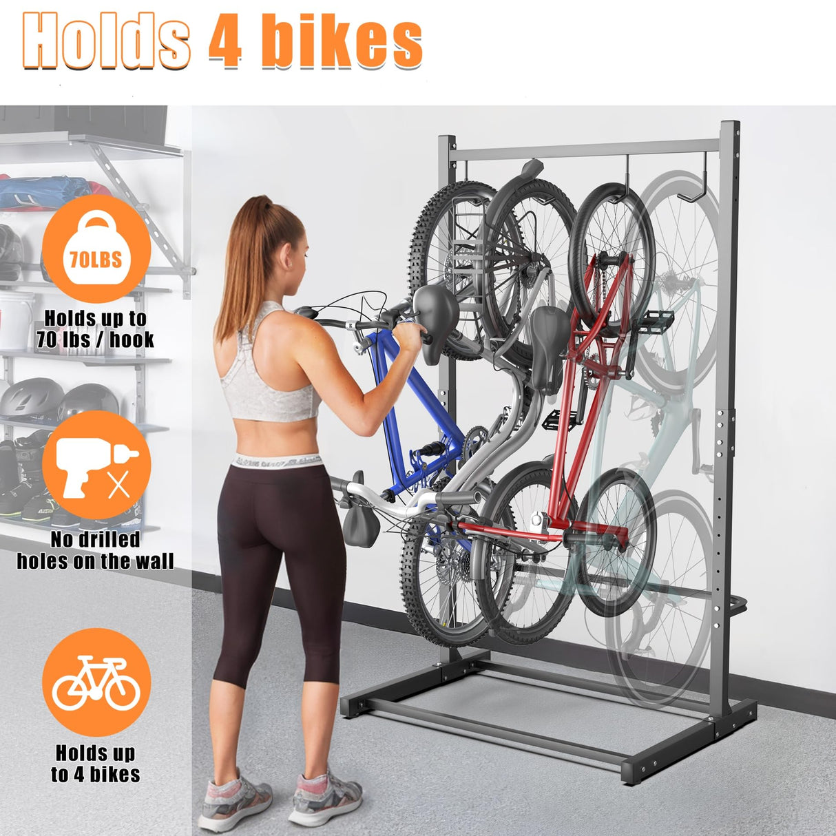 TORACK Garage Freestanding Hanging Bike Stand for Garage, Heavy Duty 4 Bikes Vertical Bike Storage Stand Floor Bike Storage Rack TORACK