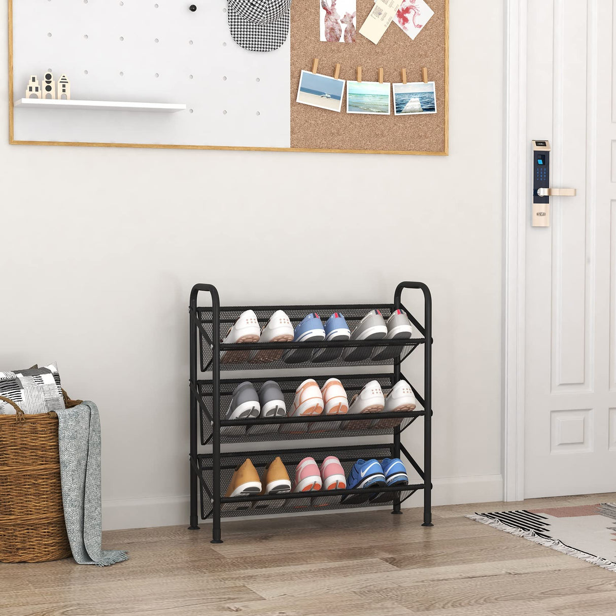 FKUO 3 Tier Shoe rack for closet Mesh fabric narrow Metal shoe racks, Small Shoe Storage Organizer Shelf for Entryway, Hallway, Dorm Room (Black, 3 Tier) FKUO