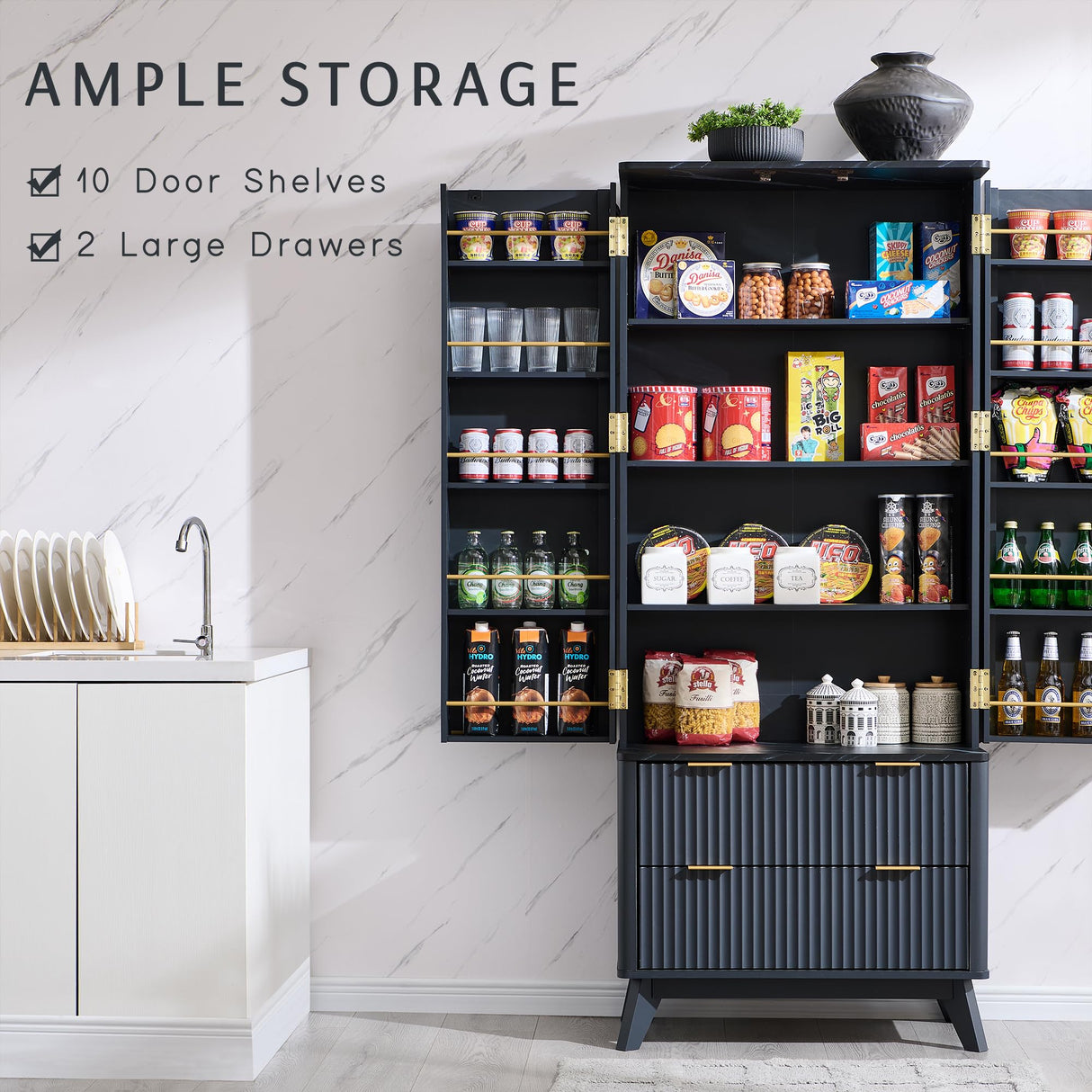 OKD 72" Pantry Cabinet, Fluted Modern Kitchen Hutch, Tall Storage Cabinet with 10 Door Shelves & 2 Drawers, Wood Cupboard for Kitchen & Living Room, Dark Grey OKD