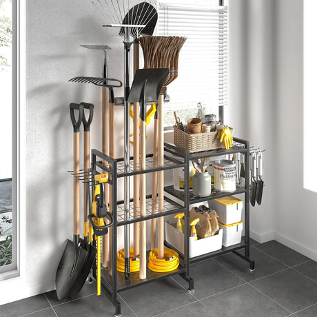 SOYEEZE Garden Tool Organizer, Yard Tool Rack for Garage Organizers and Storage, Heavy Duty Tool Stand for Shed, Workshop, Basement Holder for up to 35 long-handled Tools/Rakes/Brooms/shovel SOYEEZE