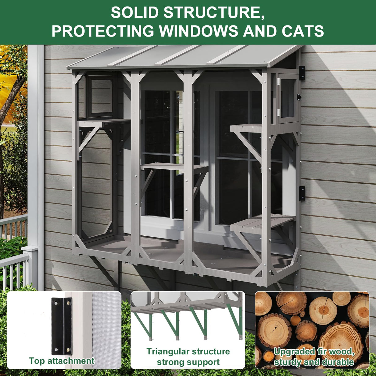 ketive Cat Catio, Expandable Window Box Enclosure for Multiple Indoor Cats, Comfortable Wooden Small Pet Perch House, All-Weather Use, Keep Bugs Insects Out, with 4 Platforms and 3 Doors ketive