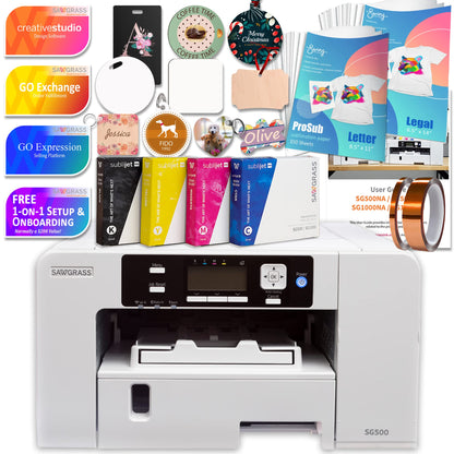 Sawgrass UHD Virtuoso SG500 Sublimation Printer Starter Bundle with Inks, 300 Sheets of Sublimation Paper, Tape, & Blanks - WoodArtSupply