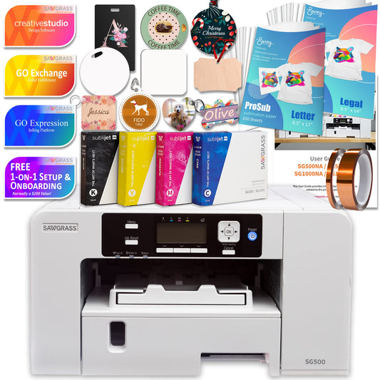 Sawgrass UHD Virtuoso SG500 Sublimation Printer Starter Bundle with Inks, 300 Sheets of Sublimation Paper, Tape, & Blanks