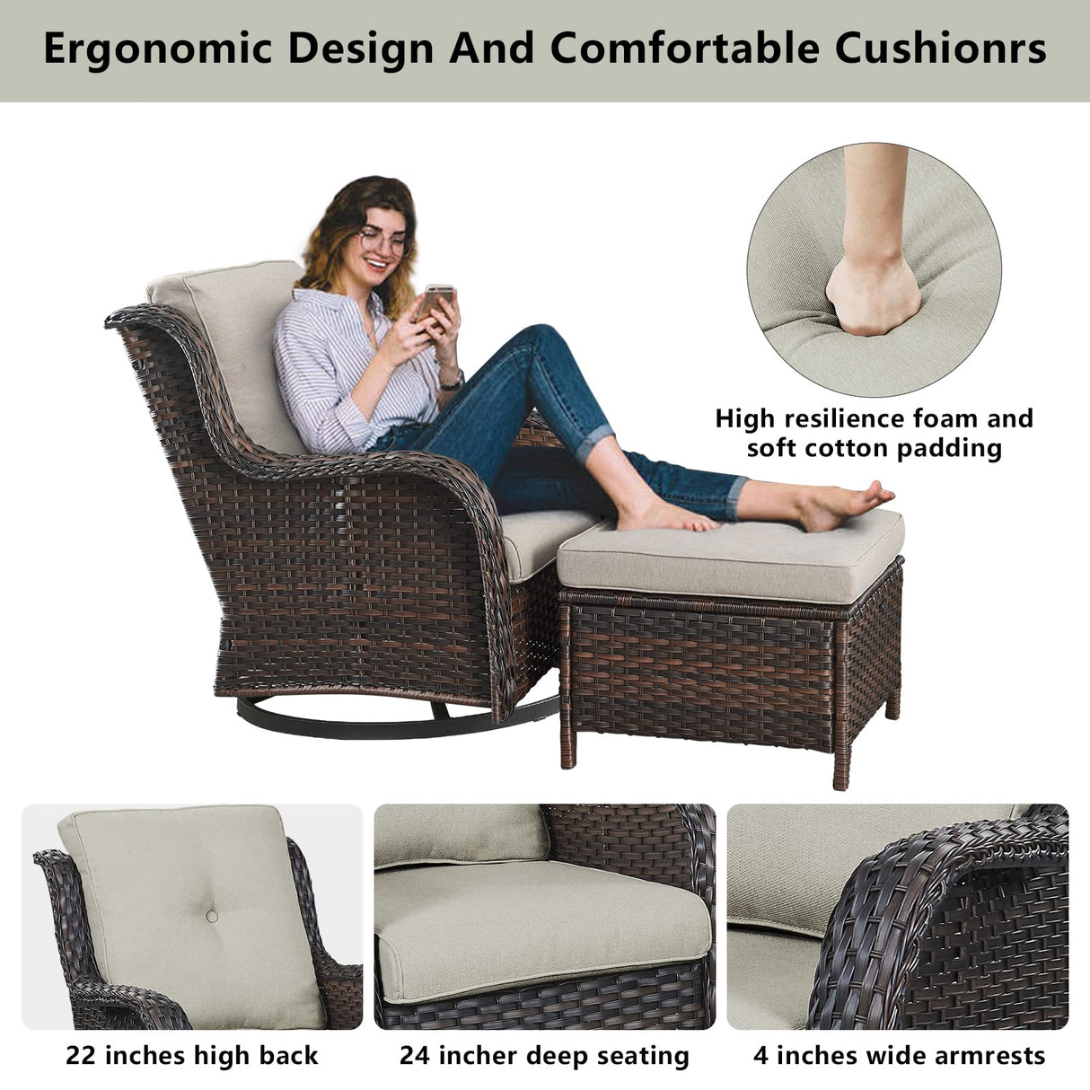 Belord Wicker Patio Furniture Sets - 13 Piece Outdoor Rattan Furniture Conversation Sets with 4 Swivel Rocker Chairs, 2 Rattan Sofas, Wicker Ottomans and Coffee Table, Brown/Beige Belord