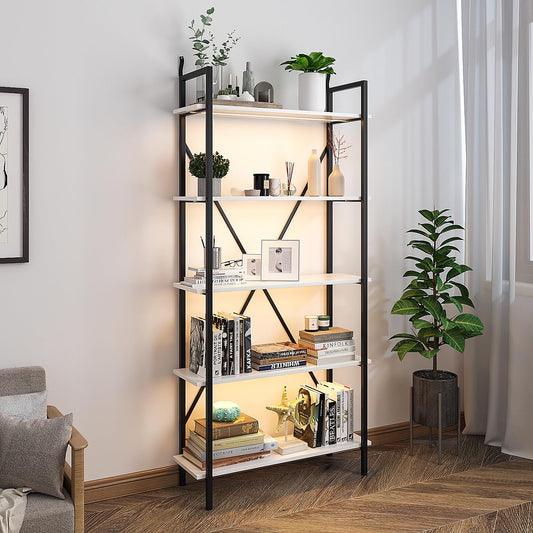 Vlsrka 5 Tier Industrial Bookshelf with LED Lighting - Vintage Open Display Storage for Home & Office - WoodArtSupply