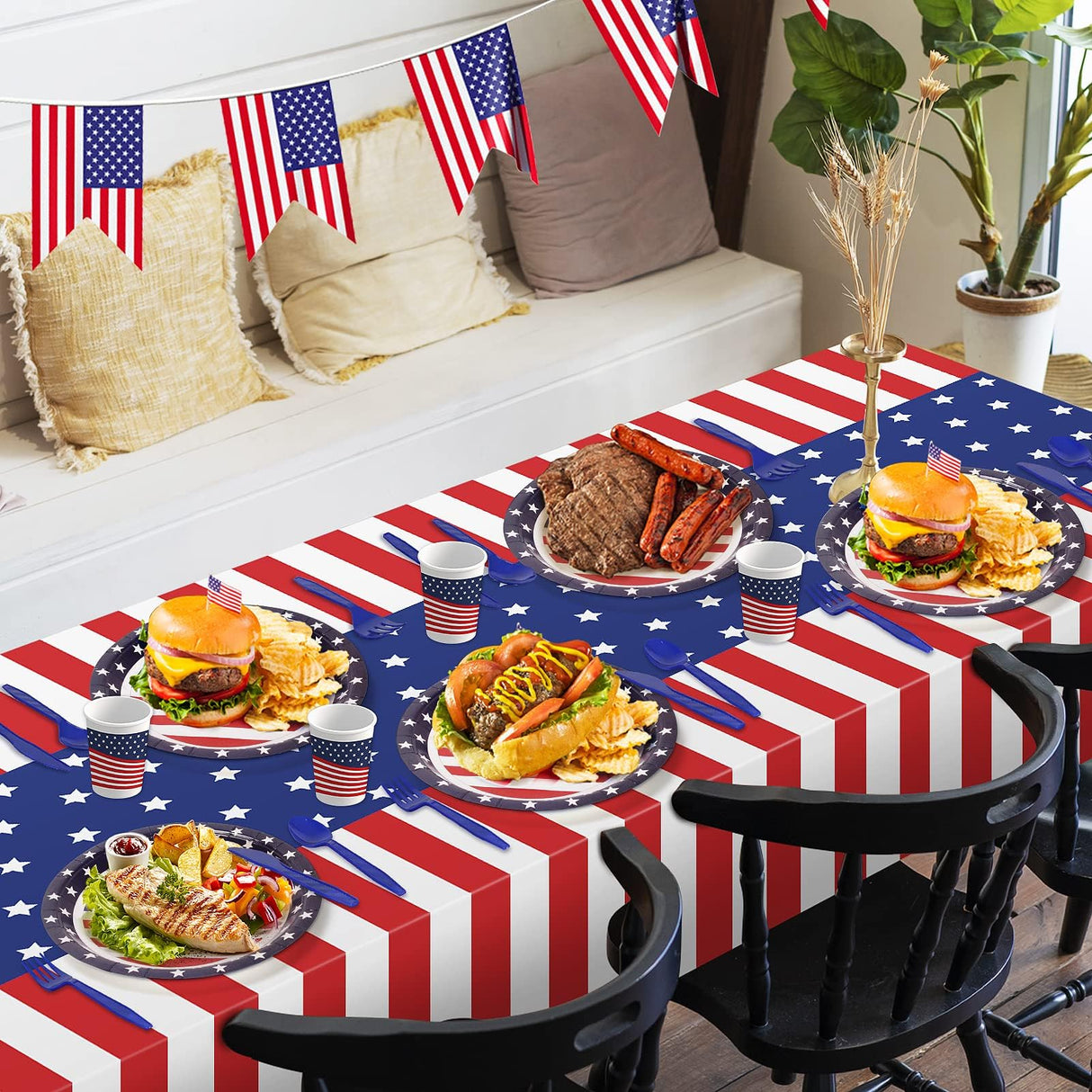 Patriotic Party Supplies,152Pcs American Flag Themed Party Set, Patriotic Party Decorations, American Flag Tablecloths,4th of July Plates Cups, Red White and Blue Decor for Outside, Picnic, Memorial Childom