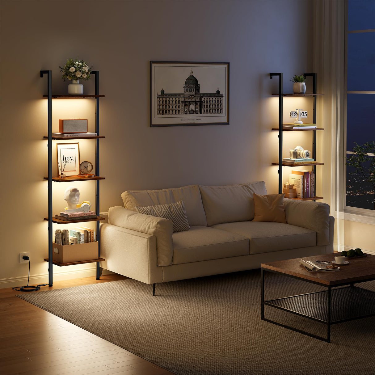 Tajsoon 5-Tier Ladder Shelf with LED Light, Wall Mounted Ladder Bookshelf with Metal Frame, Wall Ladder Bookshelf for Living Room, Bedroom, Office, Rustic Brown Tajsoon